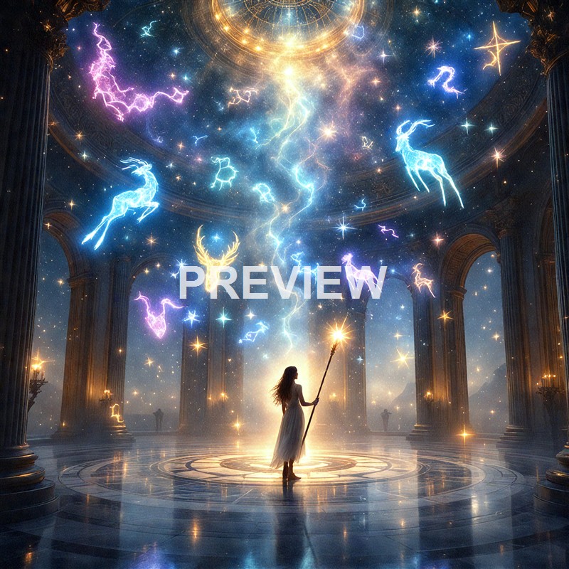 A woman holding a torch stands in a grand, ancient-looking hall with tall columns, while colorful, glowing, celestial animals and lightning-like shapes float above in a starry sky.